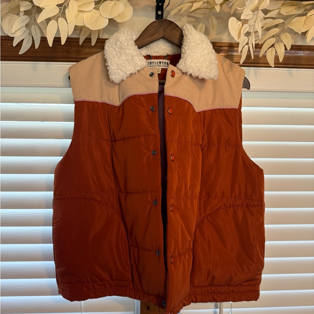 Idyllwind Orange Puffer Vest with Shearling Collar
